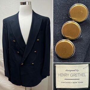 Vintage Henry Grethel Men’s 44L Double Breasted Gold Button Blazer Suit Jacket